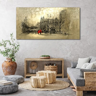 Foto auf leinwand Roter Mantel im Stadtbild