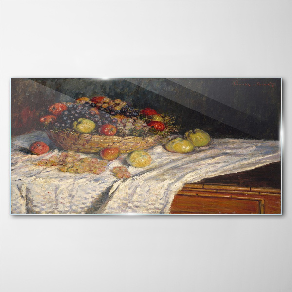 Glasbild Obstkorb auf einer weißen Tischdecke