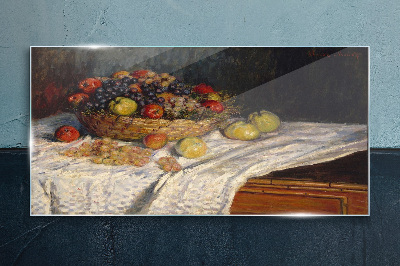 Glasbild Obstkorb auf einer weißen Tischdecke