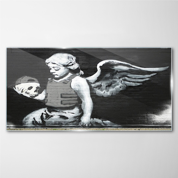 Glasbild Engel mit Totenkopf im Graffiti-Hintergrund