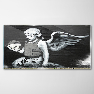 Glasbild Engel mit Totenkopf im Graffiti-Hintergrund