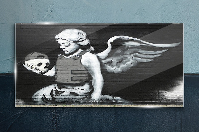 Glasbild Engel mit Totenkopf im Graffiti-Hintergrund