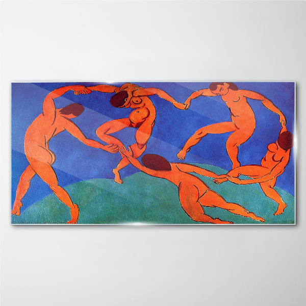 Glasbild Tanzende Figuren auf blauem Hintergrund