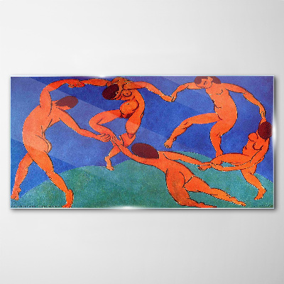 Glasbild Tanzende Figuren auf blauem Hintergrund