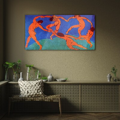 Glasbild Tanzende Figuren auf blauem Hintergrund