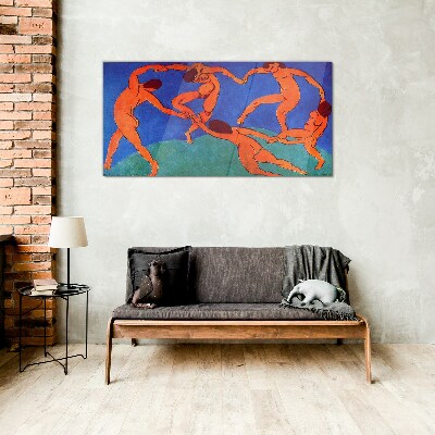 Glasbild Tanzende Figuren auf blauem Hintergrund