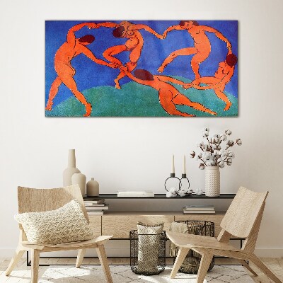 Glasbild Tanzende Figuren auf blauem Hintergrund