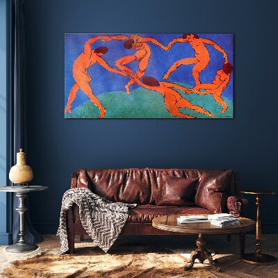 Glasbild Tanzende Figuren auf blauem Hintergrund