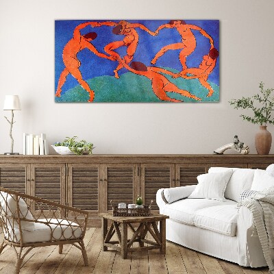 Glasbild Tanzende Figuren auf blauem Hintergrund