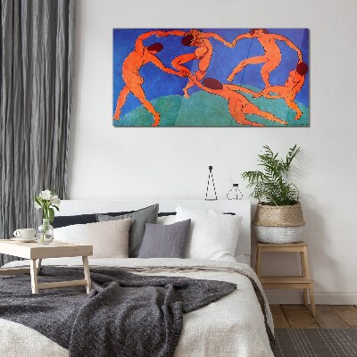 Glasbild Tanzende Figuren auf blauem Hintergrund