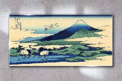 Glas bild Kraniche an einem Berg