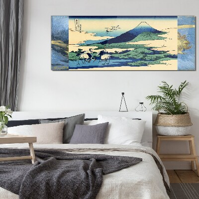 Glas bild Kraniche an einem Berg