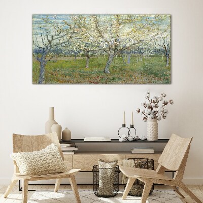 Glasbild Blühende Bäume in der Frühlingssonne