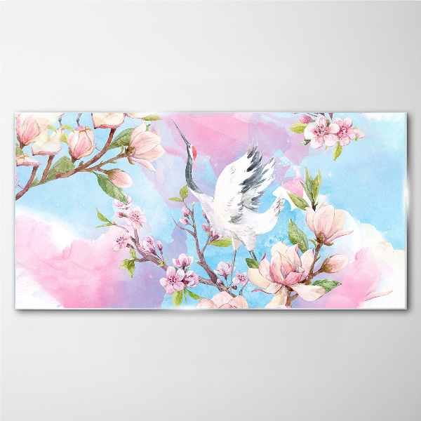 Glasbild Blumenlandschaft mit Kranich