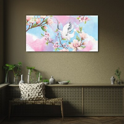 Glasbild Blumenlandschaft mit Kranich