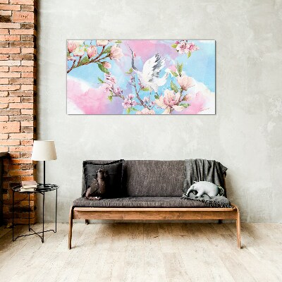Glasbild Blumenlandschaft mit Kranich