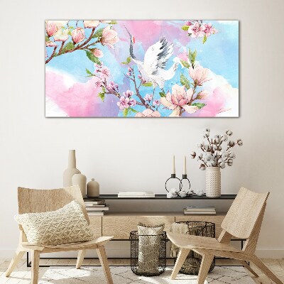 Glasbild Blumenlandschaft mit Kranich