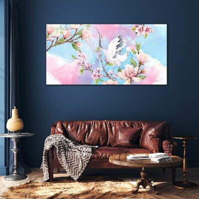Glasbild Blumenlandschaft mit Kranich