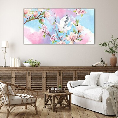 Glasbild Blumenlandschaft mit Kranich
