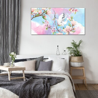Glasbild Blumenlandschaft mit Kranich
