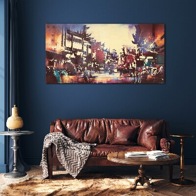 Glasbild Straßenbild in Nachtfarben