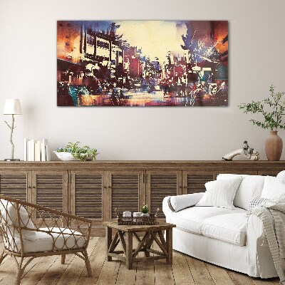 Glasbild Straßenbild in Nachtfarben