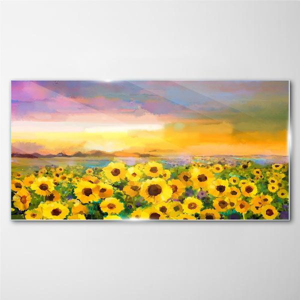 Glasbild Sonnenblumen in den Strahlen der untergehenden Sonne