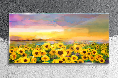 Glasbild Sonnenblumen in den Strahlen der untergehenden Sonne
