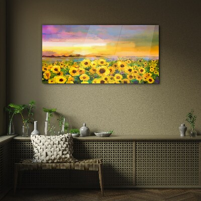 Glasbild Sonnenblumen in den Strahlen der untergehenden Sonne