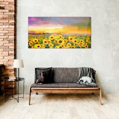 Glasbild Sonnenblumen in den Strahlen der untergehenden Sonne