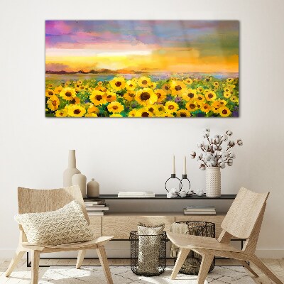 Glasbild Sonnenblumen in den Strahlen der untergehenden Sonne