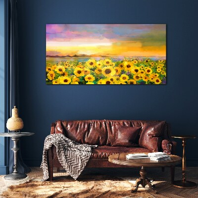 Glasbild Sonnenblumen in den Strahlen der untergehenden Sonne