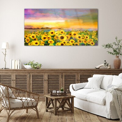 Glasbild Sonnenblumen in den Strahlen der untergehenden Sonne