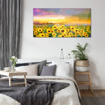 Glasbild Sonnenblumen in den Strahlen der untergehenden Sonne