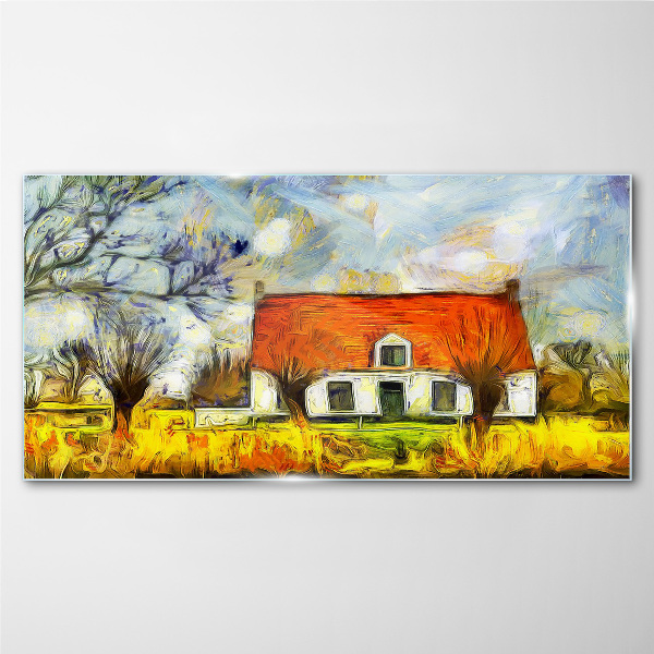 Glasbild Ein farbenfrohes Landhaus in der Landschaft