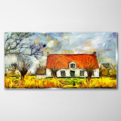 Glasbild Ein farbenfrohes Landhaus in der Landschaft