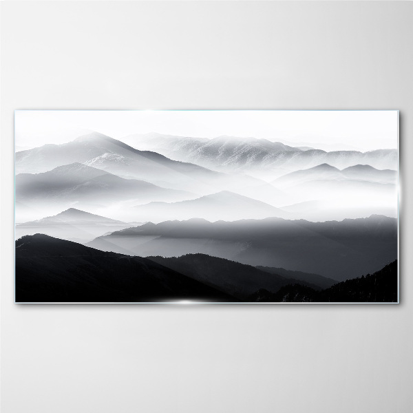 Glasbild Nebliges Bergpanorama