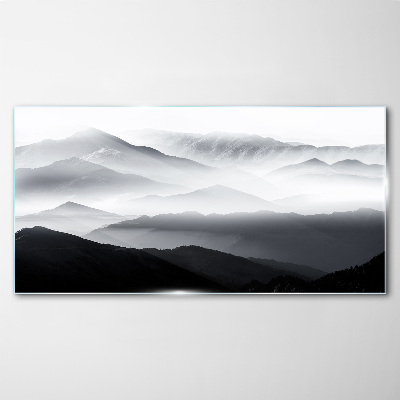 Glasbild Nebliges Bergpanorama