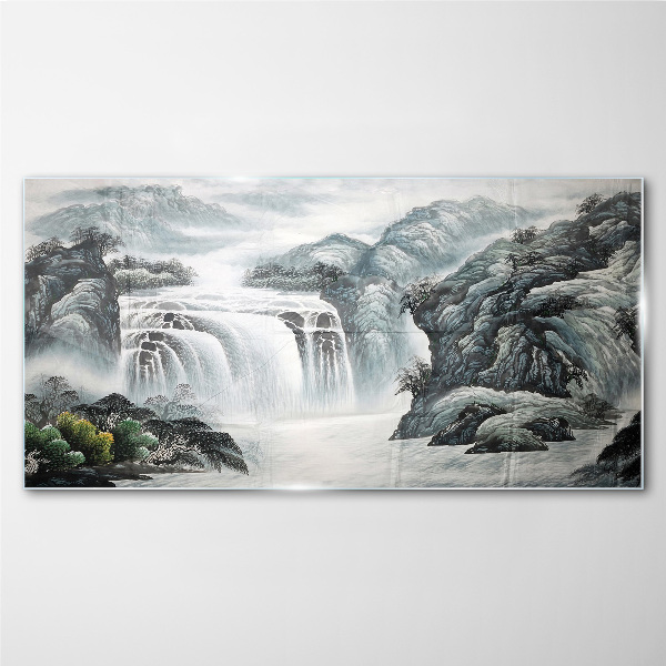 Glasbild Ruhige Wasserfälle in einer Berglandschaft