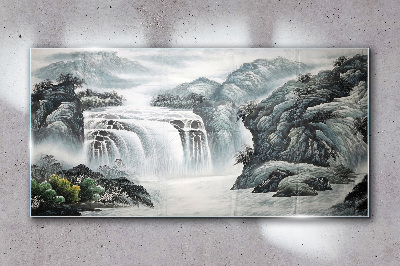 Glasbild Ruhige Wasserfälle in einer Berglandschaft