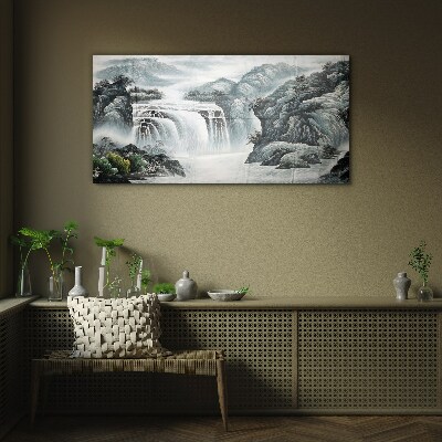 Glasbild Gebirgsfluss-Wasserfall-Büsche