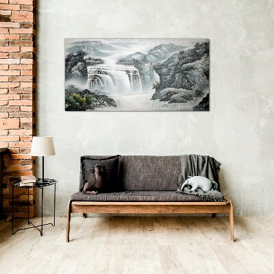 Glasbild Ruhige Wasserfälle in einer Berglandschaft