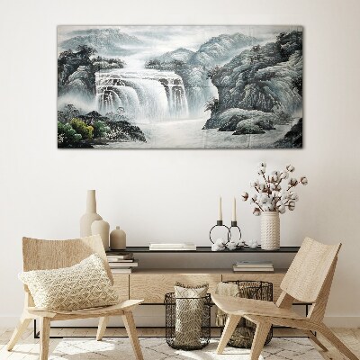 Glasbild Ruhige Wasserfälle in einer Berglandschaft