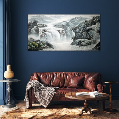 Glasbild Ruhige Wasserfälle in einer Berglandschaft