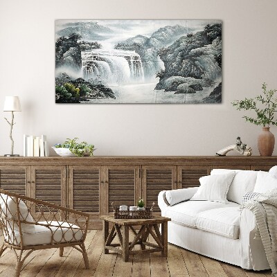 Glasbild Ruhige Wasserfälle in einer Berglandschaft