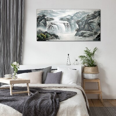 Glasbild Ruhige Wasserfälle in einer Berglandschaft