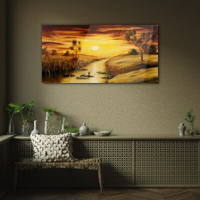 Glasbild Goldene Stunde auf dem Fluss