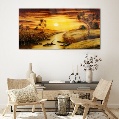 Glasbild Goldene Stunde auf dem Fluss