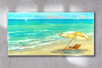 Glasbild Strand-Meereswellen-Regenschirm