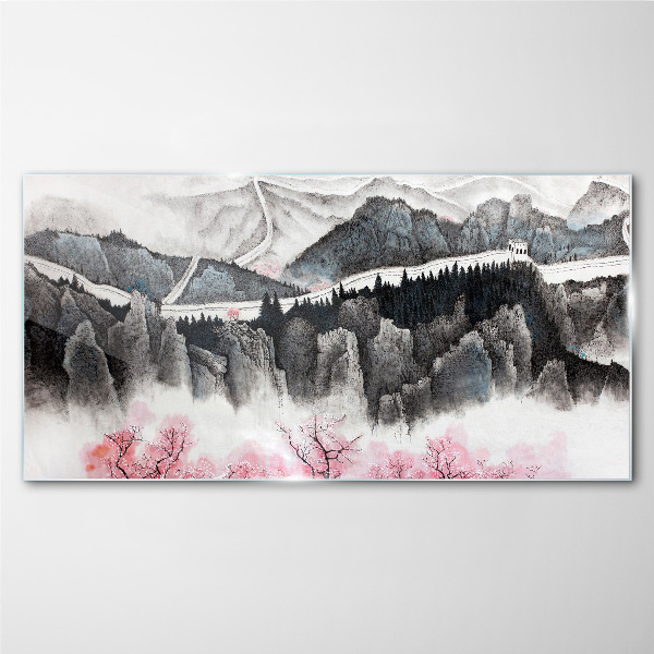 Foto glasbild Eine friedliche Berglandschaft mit Blumen